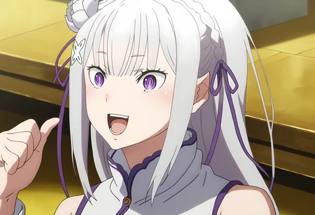 score_9, score_8_up, score_7_up, source_anime,
BREAK
<lora:shiDioV2-000005:1>, konodiopose, pointing, parody, meme,
smile, open mouth,
1girl, solo, anime screencap, anime coloring,
<lora:shiEmiliaV2:1> shimilia, long hair, grey hair, purple eyes, pointy ears, crown braid, hair flower, hair ribbon, purple ribbon, x hair ornament, white dress, cleavage, bare shoulders, wide sleeves, white thighhighs, thigh boots,