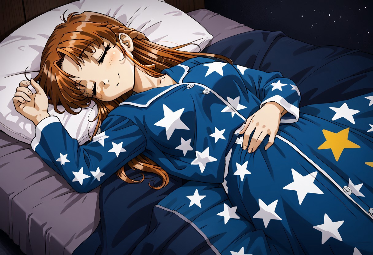 detailed background, shiny skin, rating safe, <lora:komirin.pony:1.0>, komirin, seina, looking at viewer, sleeping, closed eyes, smile, medium breasts, blue pajamas, star print, lying, on bed, on back, bedroom, blanket, dark room