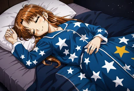 detailed background, shiny skin, rating safe, <lora:komirin.pony:1.0>, komirin, seina, looking at viewer, sleeping, closed eyes, smile, medium breasts, blue pajamas, star print, lying, on bed, on back, bedroom, blanket, dark room