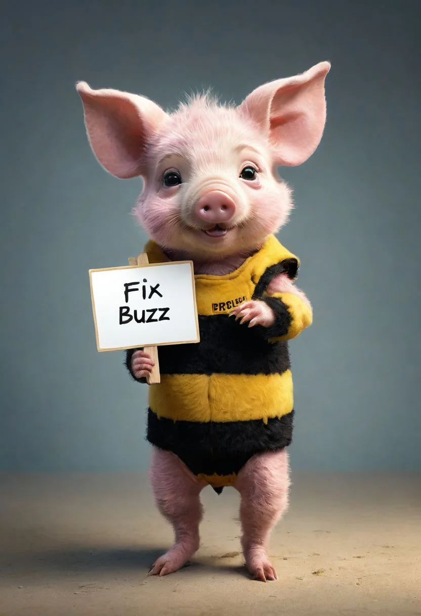 Realistic photograph of an adorable piglet in comically ill-fitting fuzzy-bumblebee costume, (holding sign with text:"fix buzz":1.4 ), in the style of, meticulous details, ultimate photo-realistic, still life, (holding sign that reads "fix buzz" ), david teniers the younger, charming character illustrations, use of screen tones, 32k, subsurface scattering, Photo realism, Hyper-realistic, analog style, realistic, film photography, soft lighting, heavy shadow
