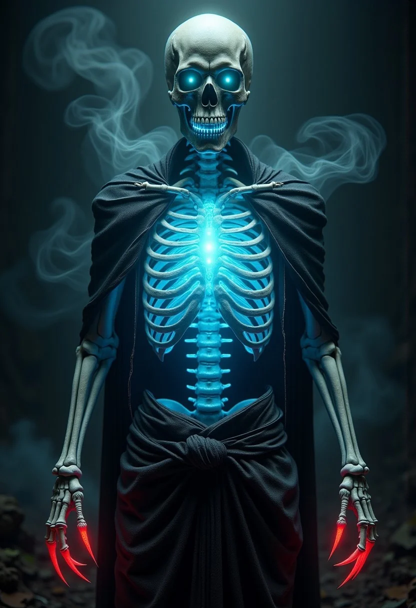 A glowing ((skeleton)) with a blue light emanating from its chest. Long sharp red finger claws on its hands. surrounded by a smoky background. skelet0n
