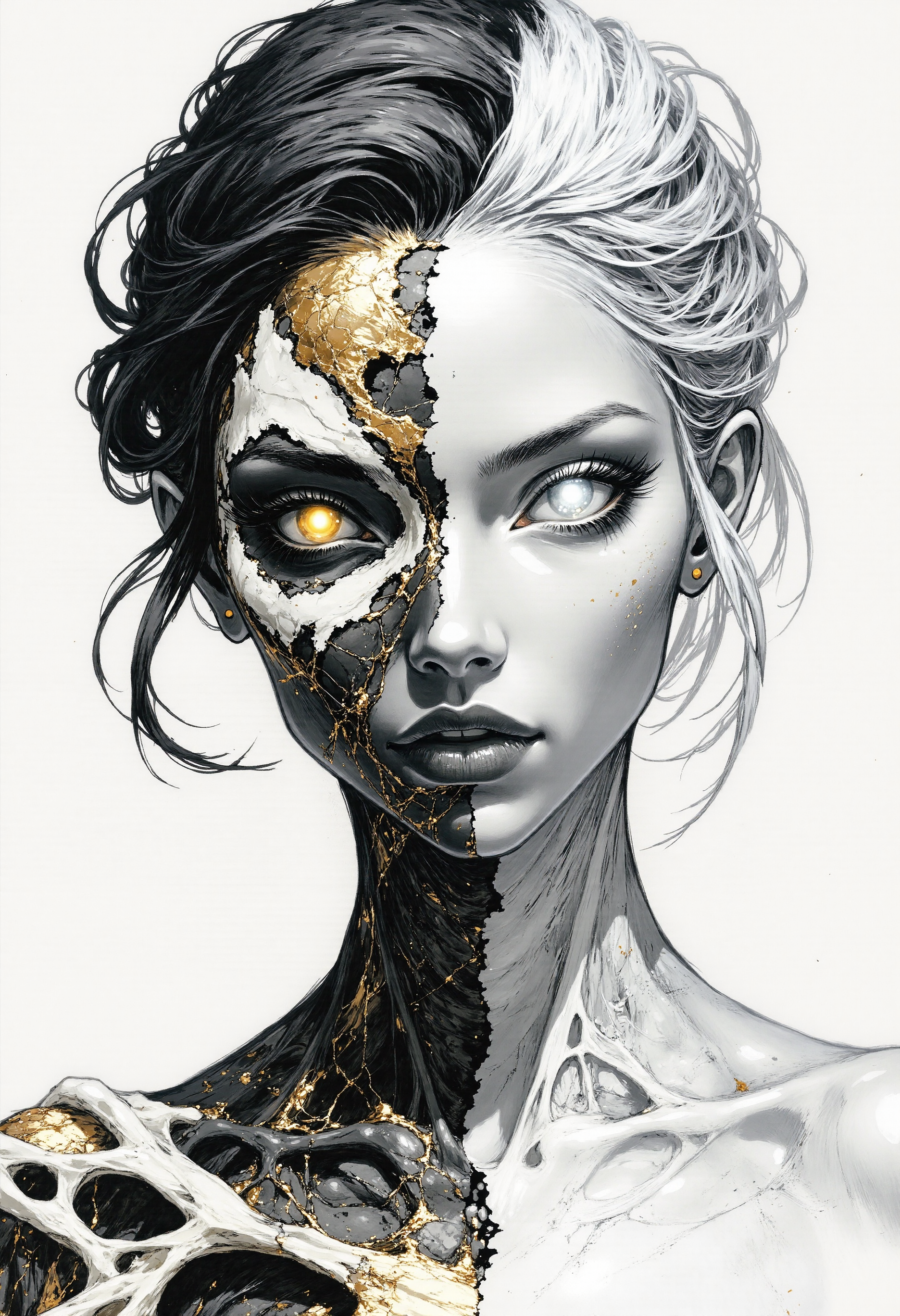A portrait of Hel, the ruler of Helheim. Her marvelous wild mane covers part of her beautiful face and bare chest. Both eyeballs are completely blank and featureless, devoid of pupils and irises, and extend across the entire eye region, blending seamlessly into the surrounding facial area, while the eyes remain fully open. The face is divided into two halves. The left side shows signs of decay and decomposition, with lifeless dark-coal skin, hard bones are visible under the torn skin, shreds of golden ash detached from her skin. Her left eyeball is completely golden. The right half of the face is of unearthly beauty, with immaculate, flawless white skin. Her right eyeball is snow-white. The transition between the two halves of the face is fluid and unobtrusive, symbolizing the brief moment between life and death. The picture depicts a surreal and abstract pencil and ink drawing, characterized by a monochromatic scheme with predominant shades of black, white, and gray, which has been digitally enhanced.