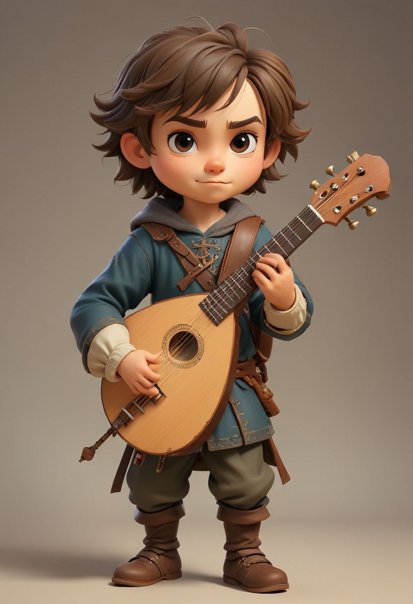 Medieval male musician holding a lute, chibi