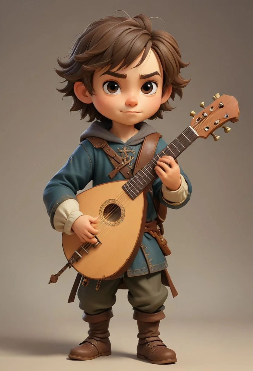 Medieval male musician holding a lute, chibi
