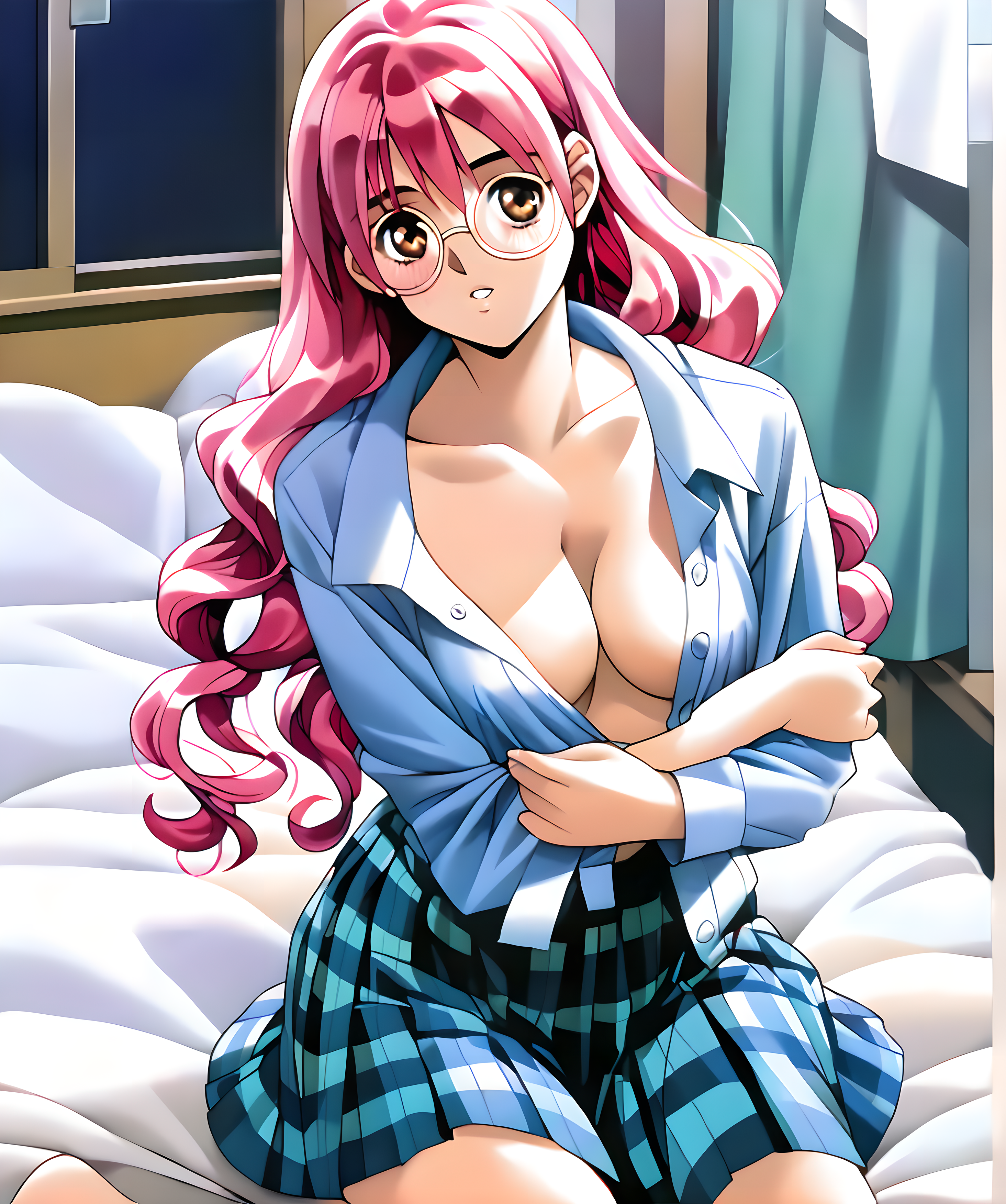 <lora:pony_xl_minori>,minori,score_9,score_8_up,score_7_up,source_anime,1girl,solo,eyewear,looking at viewer,unbuttoned shirt,open_clothes,half take off,cleavage,shoulder exposure,plaid_skirt,pleated_skirt,indoor,bed_sheet,hand_on_own_chest,kneeling,knees_together_feet_apart,parted lips,light_blush,