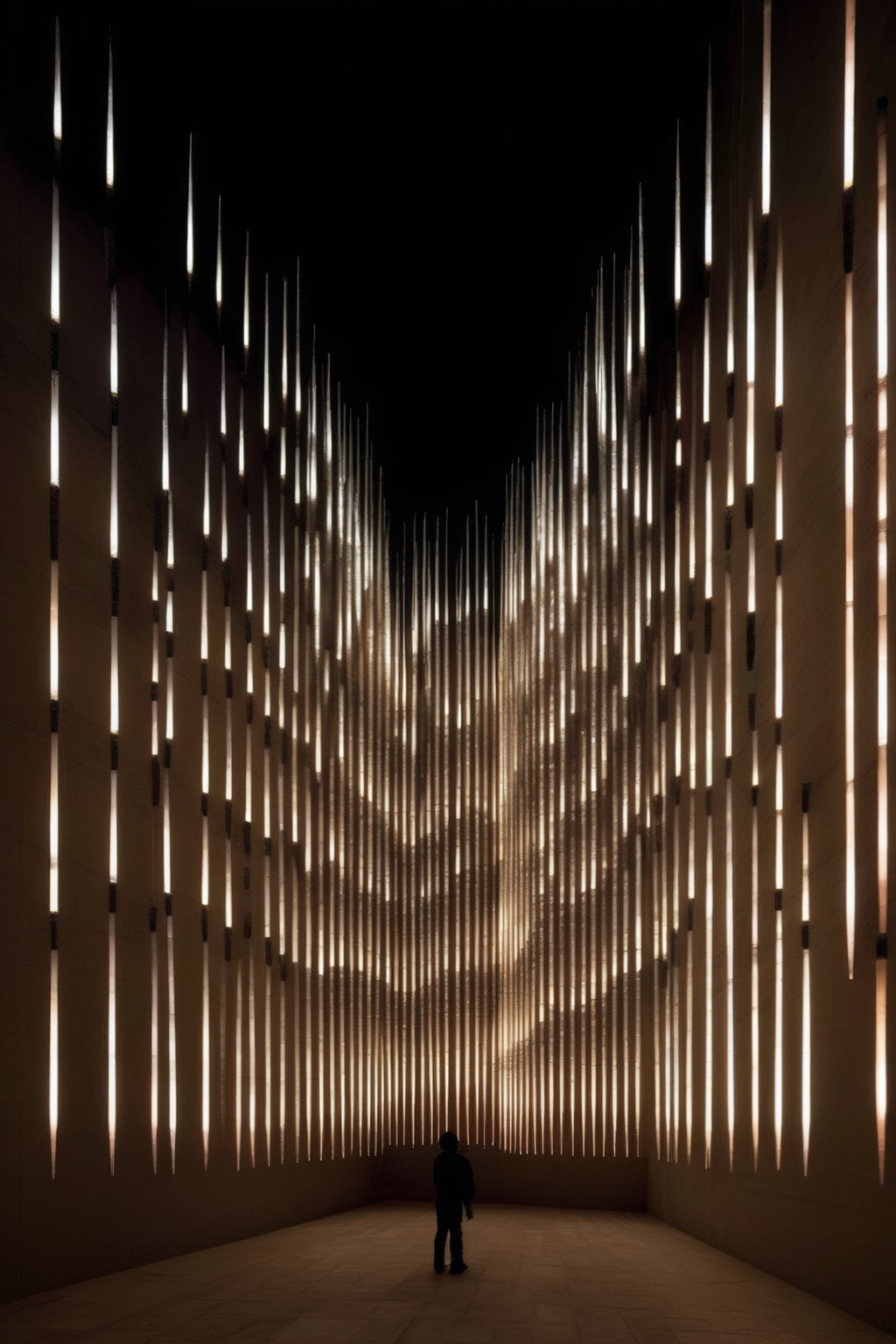 <lora:Ryoji Ikeda Style:1>Ryoji Ikeda Style - Building with walls made of LED bar sticks mounted horizontally on vertical wall, like like a hedgehog's needles. Imagine building made of this needles