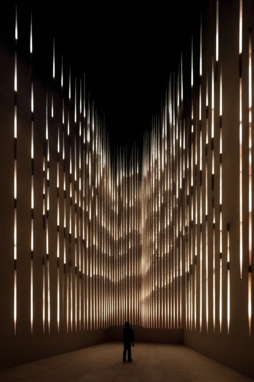 <lora:Ryoji Ikeda Style:1>Ryoji Ikeda Style - Building with walls made of LED bar sticks mounted horizontally on vertical wall, like like a hedgehog's needles. Imagine building made of this needles