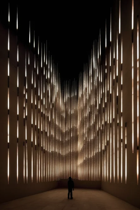 <lora:Ryoji Ikeda Style:1>Ryoji Ikeda Style - Building with walls made of LED bar sticks mounted horizontally on vertical wall, like like a hedgehog's needles. Imagine building made of this needles