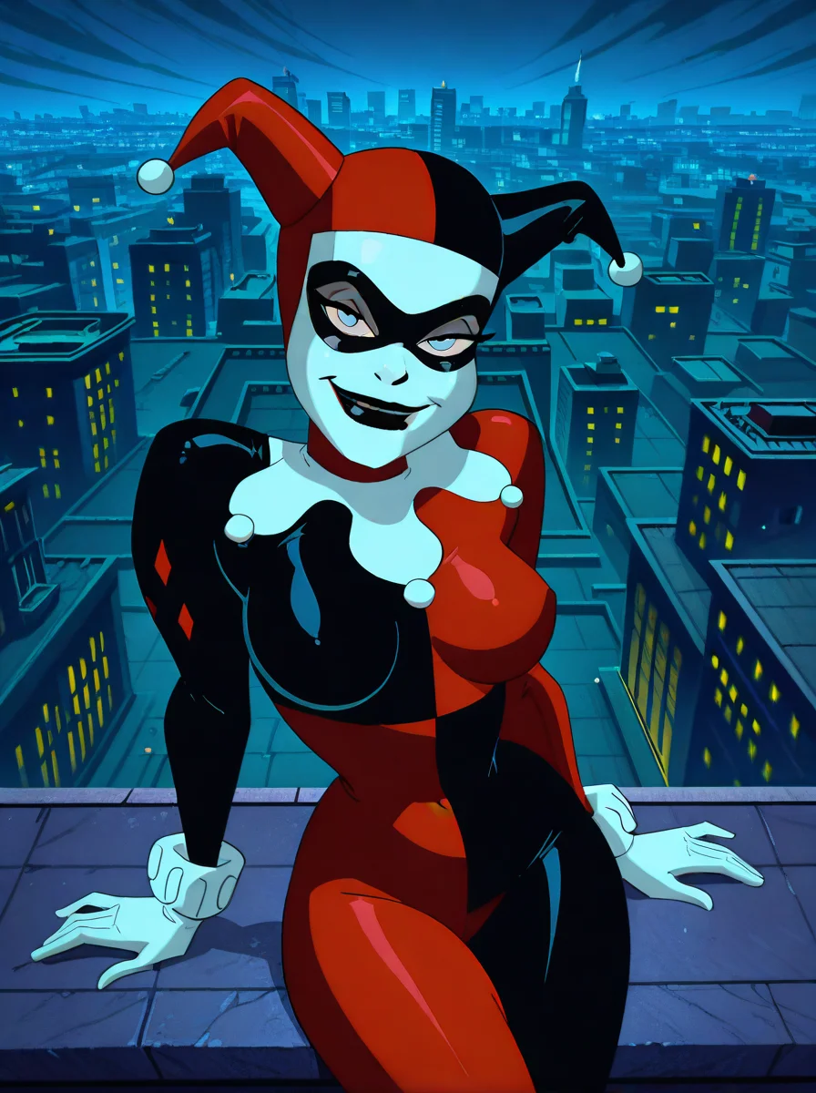 <lora:Harley_Quinn_-_Batman_Animated_Illustrious_v1:1.0>, h4rl3yqu1nn, <lora:dcau234-illu3_r1:0.4>, <lora:RealisticAnimeIXL:0.5>, 1girl, white facepaint, jester cap, bodysuit, domino mask, white gloves, sexy pose, seductive, blue eyes, black lipstick, large breasts, looking at viewer, smile, sitting on wall, rooftop, gotham city, night, closeup, c1tysc4pe, cityscape<lora:Cityscape:0.4>