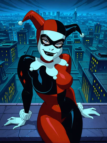 <lora:Harley_Quinn_-_Batman_Animated_Illustrious_v1:1.0>, h4rl3yqu1nn, <lora:dcau234-illu3_r1:0.4>, <lora:RealisticAnimeIXL:0.5>, 1girl, white facepaint, jester cap, bodysuit, domino mask, white gloves, sexy pose, seductive, blue eyes, black lipstick, large breasts, looking at viewer, smile, sitting on wall, rooftop, gotham city, night, closeup, c1tysc4pe, cityscape<lora:Cityscape:0.4>