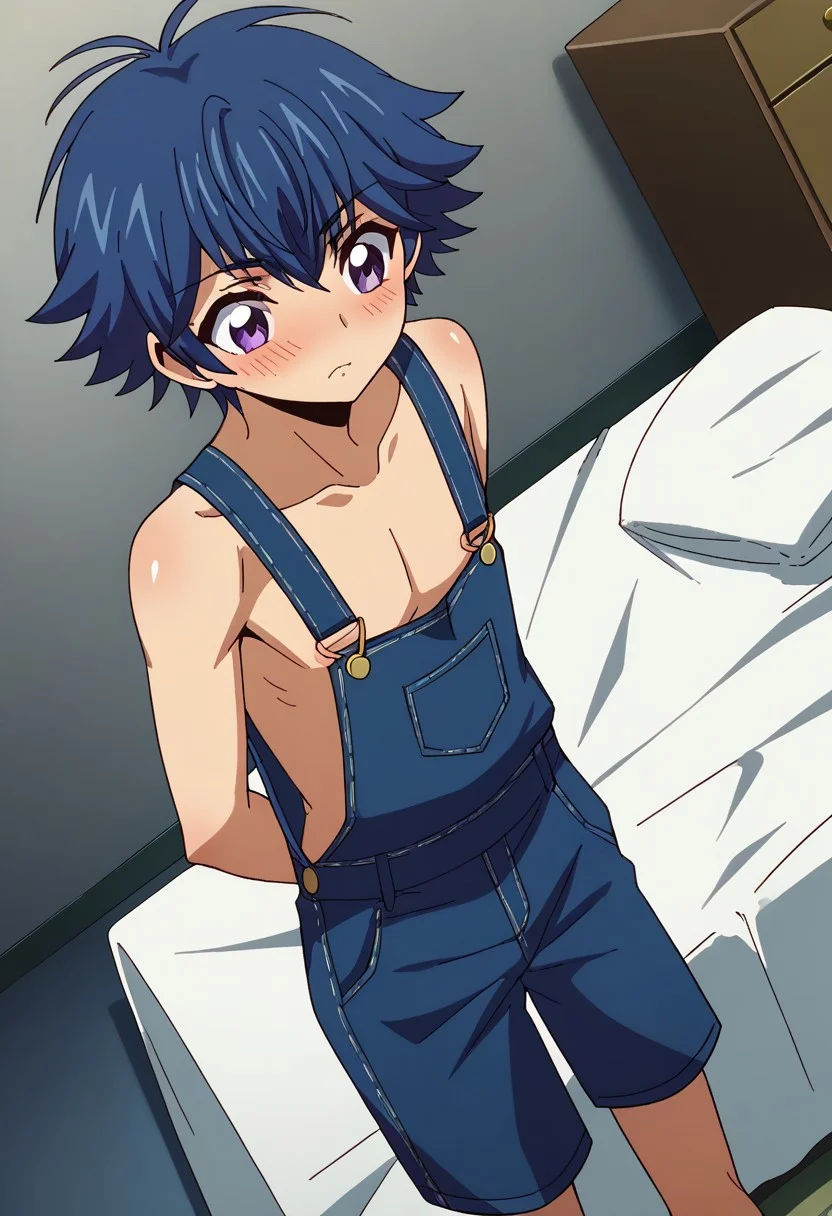 male focus, solo male, score_9, score_8, score_7, score_9, score_8_up, score_7_up, dragon tail , dragon wings, slender, twink, skinny (0.000001), slim (0.000001), short torso, short legs,, short body, small body,
<lora:yu-yu-kondo-s2-ponyxl-lora-Vanguard:1>, yu-yu kondo, blue hair, purple eyes, cleavage
, <lora:naked-overalls-ponyxl-lora-nochekaiser:1>, naked overalls, overalls, cleavage, areola,, bed, bed room, blush, , dutch angle, cowboy shot