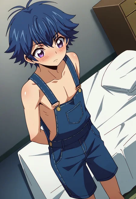 male focus, solo male, score_9, score_8, score_7, score_9, score_8_up, score_7_up, dragon tail , dragon wings, slender, twink, skinny (0.000001), slim (0.000001), short torso, short legs,, short body, small body,
<lora:yu-yu-kondo-s2-ponyxl-lora-Vanguard:1>, yu-yu kondo, blue hair, purple eyes, cleavage
, <lora:naked-overalls-ponyxl-lora-nochekaiser:1>, naked overalls, overalls, cleavage, areola,, bed, bed room, blush, , dutch angle, cowboy shot