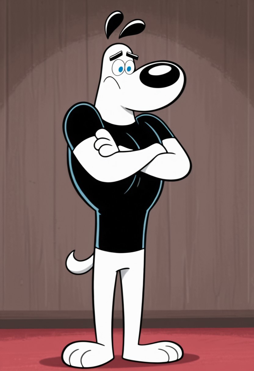 dudley, dog, 2D, cartoon, white fur, blue eyes, black ears, black shirt, black eyebrows, black nose, standing, feet paws, best quality, perfect, show accurate, masterpiece, 4K,