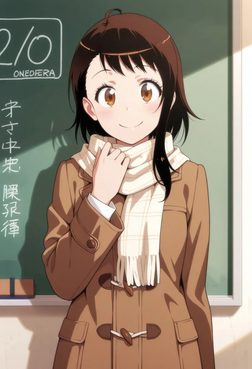 masterpiece,best quality,amazing quality, onodera kosaki, dark brown hair, brown eyes, short hair, 1girl, solo, scarf, smile, looking at viewer, chalkboard