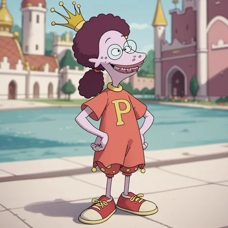score_9, score_8_up, score_7_up, 1girl, solo, popking1, purple hair, afro, ponytail, glasses, black pupils, freckles, shirt, crown, pink skin, colored skin, shoes, standing, smile, buck teeth, hands on hips, blurry background, palace, <lora:popking1:1>,