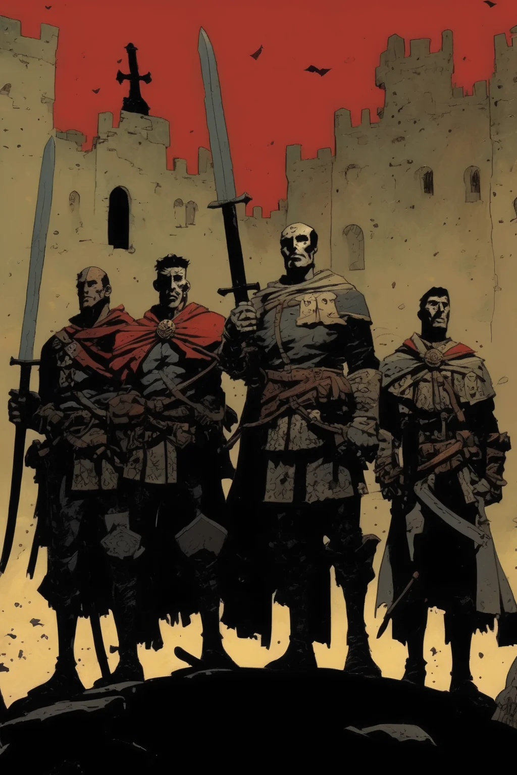 <lora:Mike Mignola Style:1>Mike Mignola Style - a Mike Mignola comic panel capturing the essence of true heroism and valor. The artwork depicts a group of Portuguese warriors, their faces marked by the scars of battle, standing tall and resolute. Their exploits are not the stuff of fictional tales or exaggerated legends; they are grounded in real-life deeds of extraordinary bravery. Their accomplishments surpass the feats of legendary knights like Rodamonte, the boastful Rugeiro, and even Orlando himself, had he been real. The panel radiates a sense of authenticity and grit, showcasing the indomitable spirit of the Portuguese heroes who have etched their names in history through their courageous acts.