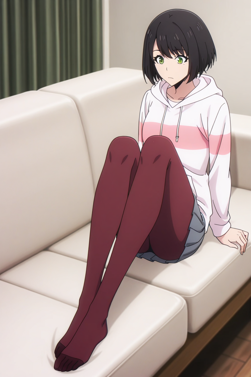 (white hoodie pink stripe hood down grey miniskirt red pantyhose:1.50), 
sl-songyi, green eyes, short hair, black hair, 
medium breasts, 1girl, solo, skinny,
(masterpiece, highres, ultra-detailed,very aesthetic, best quality, absurdres, high quality, highres), 
excited,
full body,
(feet:1.40), 
BREAK,
couch,
<lora:sl-songyi-V03-illXL:1.00>