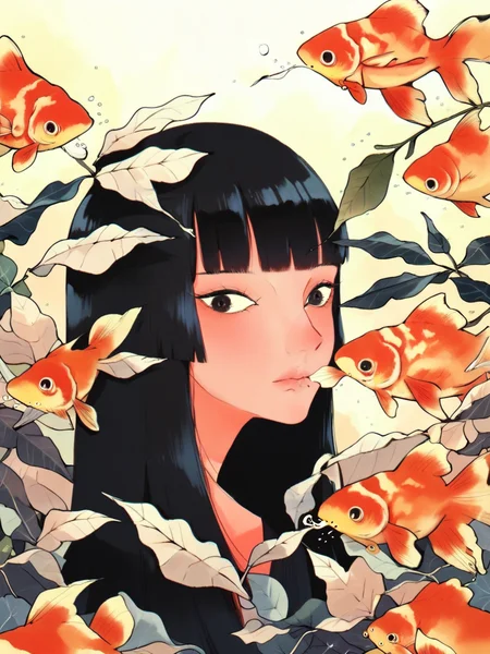 score_9, score_8_up, score_7_up, score_6_up, score_5_up, <lora:HaranikalaXLP:1> hara, 1girl, leaf, fish, black hair, bangs, solo, goldfish, portrait, plant, blunt bangs, long hair, black eyes