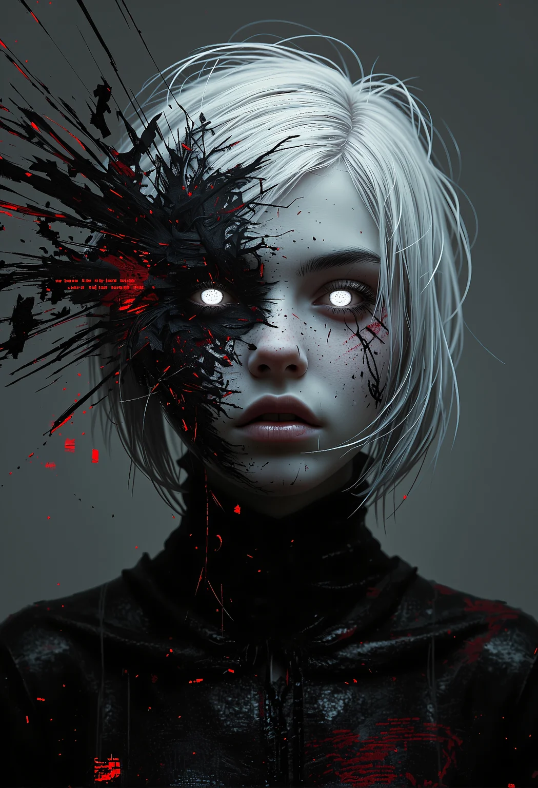 A hyperrealistic portrait of a woman with glowing white eyes, her intense gaze cutting through the darkness. Her short, sharp white hair moves subtly, as if caught in a digital breeze, accentuating her otherworldly presence. The edges of her face dissolve into cascading fragments of black and red text, as though she is disintegrating into a sea of cryptic data. Glitch-like patterns- intersecting red lines and distorted code - blend seamlessly with her skin, creating the appearance of a being caught between the physical and digital worlds. The lighting is cold and minimal, with the white glow of her eyes casting a faint, spectral light onto the fragmented parts of her face. The background is an abyss of dark, fractured digital space, with subtle flashes of red text fragments, enhancing the surreal and haunting atmosphere. <lora:s1n0z1ck style FG Flux Lora.safetensors:0.75>,  <lora:MJvSX_Flux_LoRa_v1-000096.safetensors:0.85>,  <lora:Glitchcore_Flux.safetensors:0.5>,