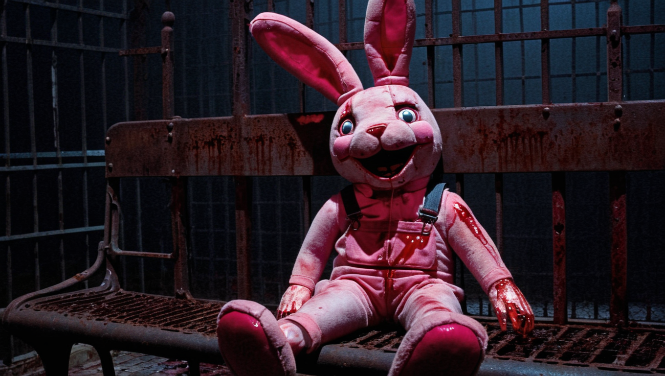a giant dead bloody pink bunny stuffed animal is sitting dead on a bench, plush toy, (blood on face), smile, brown overalls, (lamppost), metal grate floor, iron fence, rust, bricks, (dark:1.3), white fog, film grain, (night), realistic, cinematic still, (sh3heather) <lora:sh3heather:1>