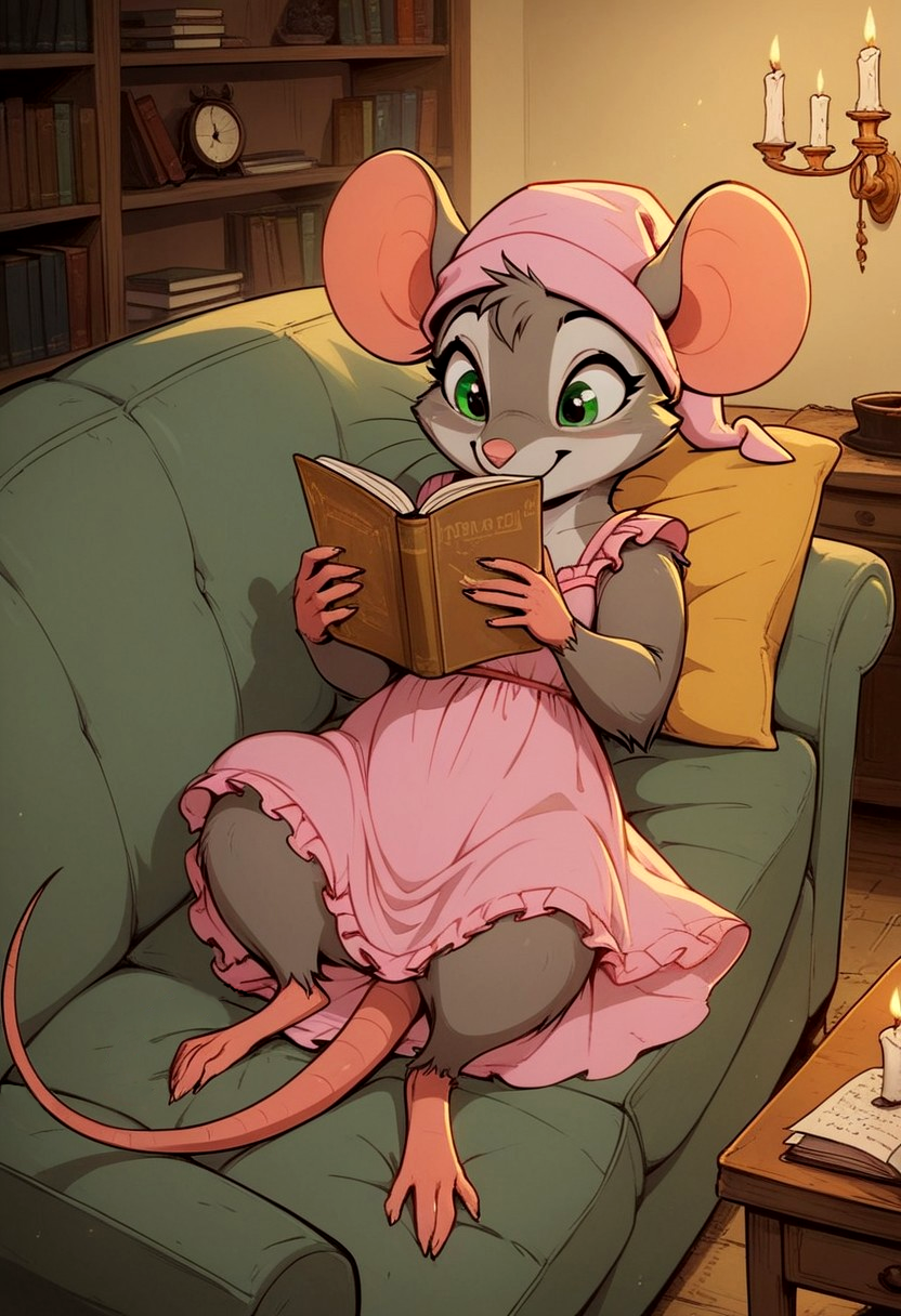 score_9, score_8_up, score_8, female, (solo), (fluffy:0.5), (feral), indoors, (((mouse))), female, green eyes, grey fur, grey ears, claws, (fluffy cheeks:0.4), (pink nightgown, nightcap), in the style of beatrix potter, cel-shading, (cute), lying on couch, reading, candlelit living room, simple background, night