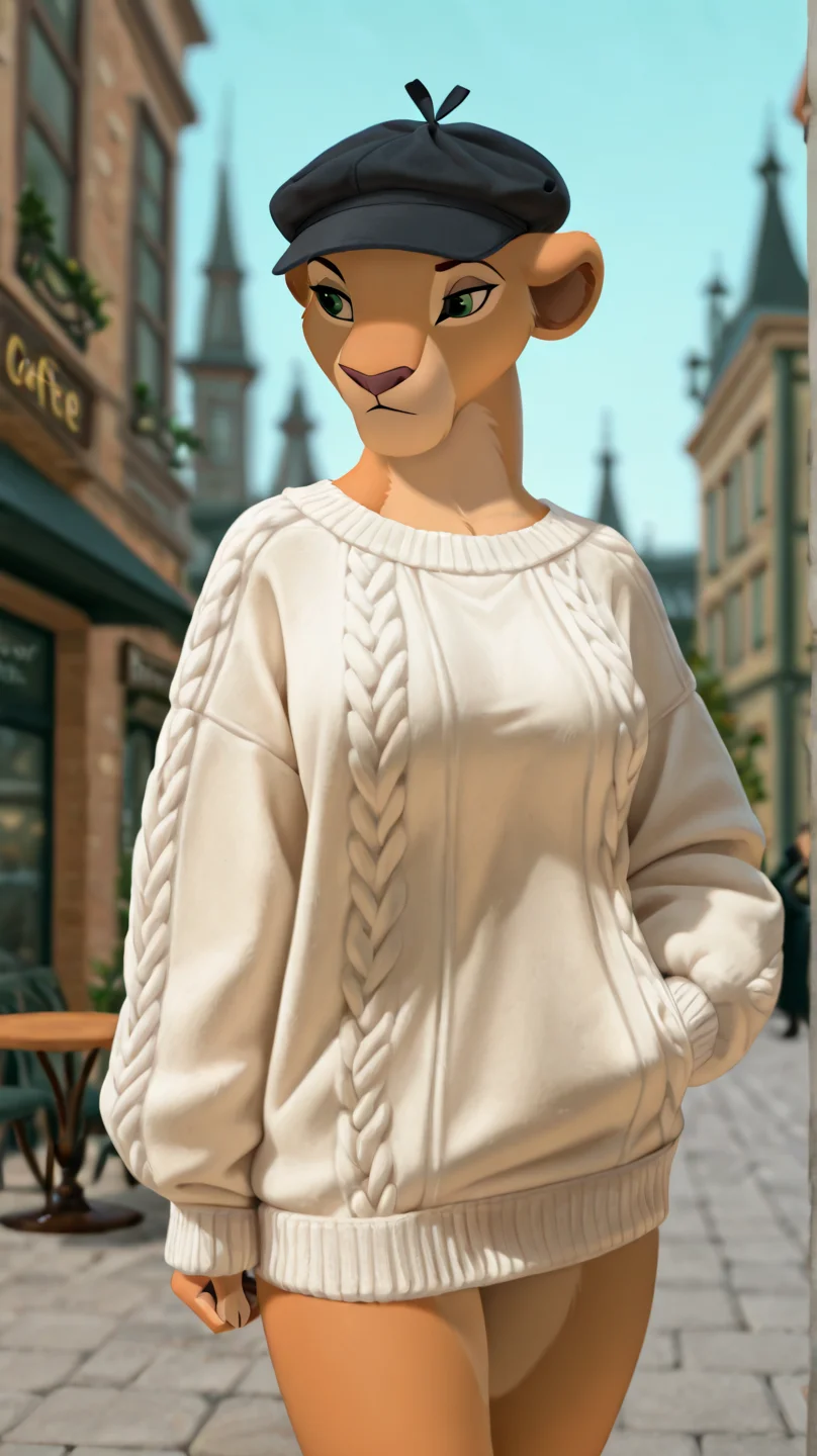 (best quality:1.1), absurdres,
female, anthro, lioness, cute hat, oversized sweater, hand in pocket, green eyes, (guilt:1.1), blurred background, cafe, france, paris,
<lora:Lioness_Like_Lions_ill_FINAL_FINAL2:1>,