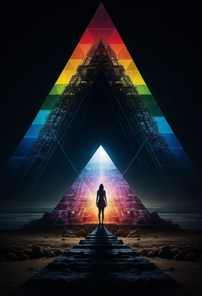 Album cover, mysterious silhouette woman, (light rays, shining on pyramid prism, splitting in rainbow colours, dark side of the moon), goddess, alluring, by Minjae Lee, Carne Griffiths, Emily Kell, Steve McCurry, Geoffroy Thoorens, Aaron Horkey, Jordan Grimmer, Greg Rutkowski, amazing depth, double exposure, surreal, geometric patterns, intricately detailed, bokeh,  perfect balanced, deep fine borders, artistic photorealism , smooth,  great masterwork by head of prompt engineering   <lora:add-detail-xl:2>  <lora:Double_Exposure:0.5>
