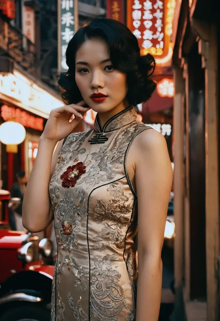 cinematic fashion portrait of a glamorous young woman in 1930s Shanghai, wearing a form-fitting silk cheongsam with intricate embroidery and a high mandarin collar, glossy black hair styled in elegant finger waves, standing beneath ornate neon signs of Art Deco buildings, warm golden light reflecting off polished stone and wood surfaces, film grain effect with rich Kodak tones, red lacquered lips, skin with visible texture and soft blush, vintage rickshaws and period signage in the background, no modern objects, inspired by Wong Kar-wai and vintage fashion photography, timeless glamour with immersive atmosphere