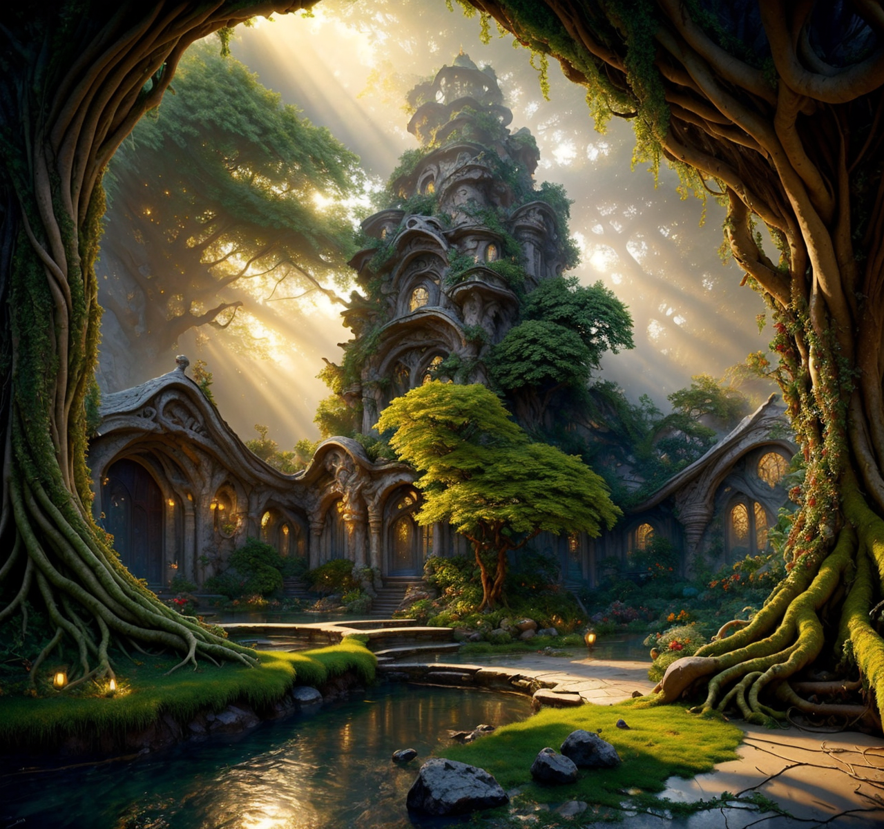 RAW photo, (masterpiece:1.3), subsurface scattering, heavy shadow, (high quality:1.4), (intricate, high detail:1.2), professional photography, HDR, High Dynamic Range, realistic, ultra realistic, photorealistic, high resolution, film photography, ambient lighting, atmospheric effects, <lora:detail_slider_v4:2>, OverallDetail,  <lora:WoodElf:1>, WoodElf, forest, middle, pond, rainbow, river, the, through, tree, waterfall, with