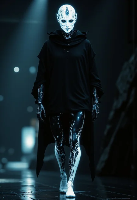 She moves with an eerie, fluid grace, Chiaroscuro Lighting Style, an ethereal blend of organic beauty and advanced technology. Her glowing, cyborg skin pulses with electric blue lines, shifting like the circuitry of a living neural network. With every step, the intricate patterns on her face seem to shift, her hollow eyes glowing with an unsettling, all-knowing aura, as if she is seeing beyond the physical realm. The deep gradient of her skin—from white to pale blue—glows softly, flickering with subtle digital glitches that suggest an intelligence far beyond human.
A trace of humanity lingers in her, an unexpected contrast. partially covered in shadows, The faintest hint of a rugged, slightly muscular form can be seen beneath the smooth, digital surface, like a shadow of a man interwoven with her cybernetic being. Her hair, a tangle of static-like strands, falls loosely over her glowing face, revealing one sharp, piercing eye that gleams with intensity and mischief. A sly grin plays across her lips, an intriguing mix of charm and danger.
The soft monitor light that casts across her creates a haunting ambiance, highlighting the fusion of organic and technological textures. Her attire—an oversized vintage black hoodie paired with sleek, glowing elements—blends seamlessly with the sophisticated yet raw energy of her presence. Each movement is deliberate, a perfect harmony of man and machine, captivating in its unsettling beauty and unreachable depth.