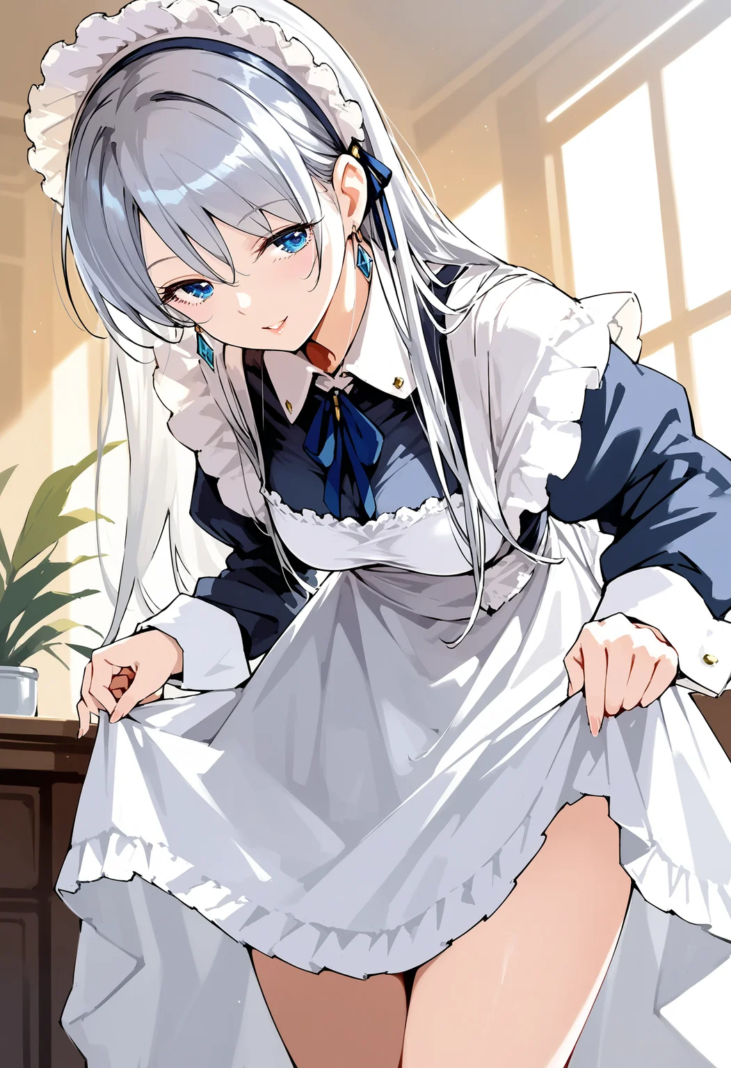 score_9, score_8_up, score_7_up,source_anime,rating_explicit,uncensored,anatomically correct,best perspective BREAK
1girl, <lora:skirt_hold_bowing_d16:1> skirt hold bowing,crossed legs,leaning forward
<lora:lihua:0.9> lihua,silver hair, blue eyes, mature female, maid, upper body, long hair,