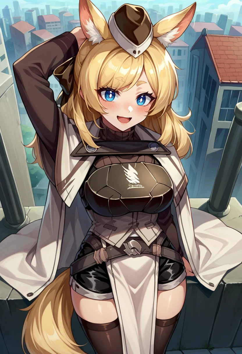 score_9, score_8_up, source_anime, 1girl, solo, WhislashDefault, blue eyes, blonde hair, animal ears, tail, thick eyebrows, long hair, hair ribbon, garrison cap, ribbed sweater, turtleneck, breastplate, white cape, belt, black shorts, white pelvic curtain, black thighhighs, happy, blush, arm up, from above, open mouth, city, outdoors, wide shot, <lora:ChamWhislashPonyXL:1>