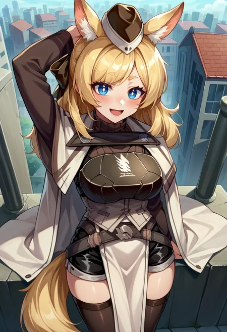 score_9, score_8_up, source_anime, 1girl, solo, WhislashDefault, blue eyes, blonde hair, animal ears, tail, thick eyebrows, long hair, hair ribbon, garrison cap, ribbed sweater, turtleneck, breastplate, white cape, belt, black shorts, white pelvic curtain, black thighhighs, happy, blush, arm up, from above, open mouth, city, outdoors, wide shot, <lora:ChamWhislashPonyXL:1>