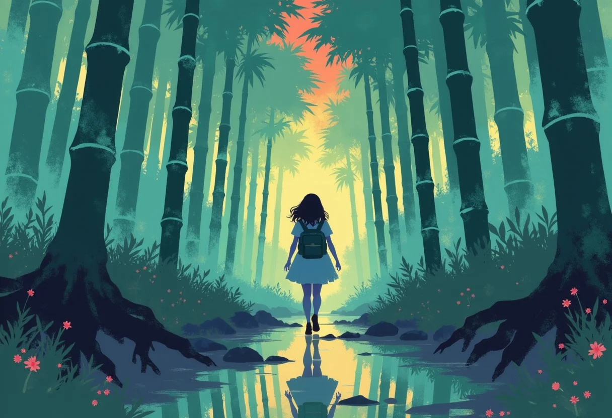 A mysterious and atmospheric bamboo forest scene featuring a lone girl figure, travelling through a misty, otherworldly environment. The bamboo forest is filled with towering bamboo trees, their dark green trunks silhouetted against a vibrant and surreal backdrop of glowing yellow, orange and crimson hues. The vivid foliage contrasts sharply with the teal mist that blankets the floor, creating a dreamlike and ominous atmosphere.
The girl, exudes a sense of solitude and purpose. Her silhouette is highlighted by the soft glow of the mist, which subtly reflects off the polished surfaces of the wet ground beneath her. The girl seems lost, form mirrored faintly in the shallow, reflective puddles scattered across the forest path. The surrounding environment is damp and textured, with roots and moss-covered stones adding to the natural complexity of the scene.
A faint, otherworldly light source illuminates the background, casting long, dramatic shadows that enhance the scene depth and mystery. The color palette is dominated by fresh green, rich reds, deep blacks, and glowing yellow, creating an intense and surreal visual impact. The composition suggests themes of isolation, exploration, and the intersection of the natural and supernatural worlds.
i11ustmin, i11ustmin Illustration
