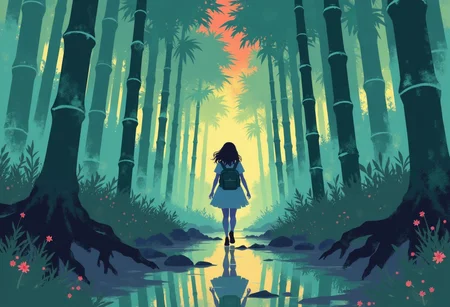 A mysterious and atmospheric bamboo forest scene featuring a lone girl figure, travelling through a misty, otherworldly environment. The bamboo forest is filled with towering bamboo trees, their dark green trunks silhouetted against a vibrant and surreal backdrop of glowing yellow, orange and crimson hues. The vivid foliage contrasts sharply with the teal mist that blankets the floor, creating a dreamlike and ominous atmosphere.
The girl, exudes a sense of solitude and purpose. Her silhouette is highlighted by the soft glow of the mist, which subtly reflects off the polished surfaces of the wet ground beneath her. The girl seems lost, form mirrored faintly in the shallow, reflective puddles scattered across the forest path. The surrounding environment is damp and textured, with roots and moss-covered stones adding to the natural complexity of the scene.
A faint, otherworldly light source illuminates the background, casting long, dramatic shadows that enhance the scene depth and mystery. The color palette is dominated by fresh green, rich reds, deep blacks, and glowing yellow, creating an intense and surreal visual impact. The composition suggests themes of isolation, exploration, and the intersection of the natural and supernatural worlds.
i11ustmin, i11ustmin Illustration
