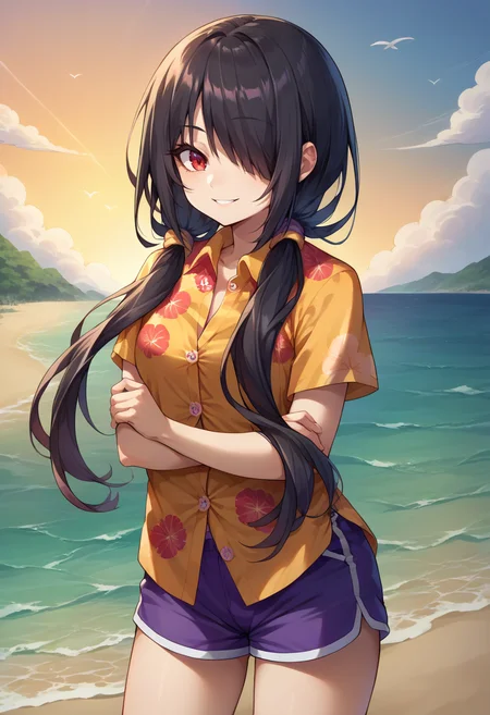 score_9, score_8_up, source_anime, 1girl, solo, TokisakiKurumi, black hair, low twintails, hair over one eye, red eye, hawaiian shirt, dress shirt, unbuttoned, multicolored shirt, purple shorts, dolphin shorts, smile, outdoors, beach, <lora:ChamTokisakiKurumiPonyXL-000008:1>