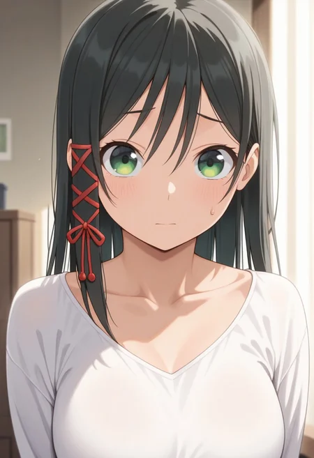 masterpiece,best quality,amazing quality, yae amagami, long hair, black hair, green eyes, 1girl, solo, looking at viewer, sweatdrop, ribbon, hair ornament, hair ribbon, collarbone, white shirt, upper body, shirt, red ribbon