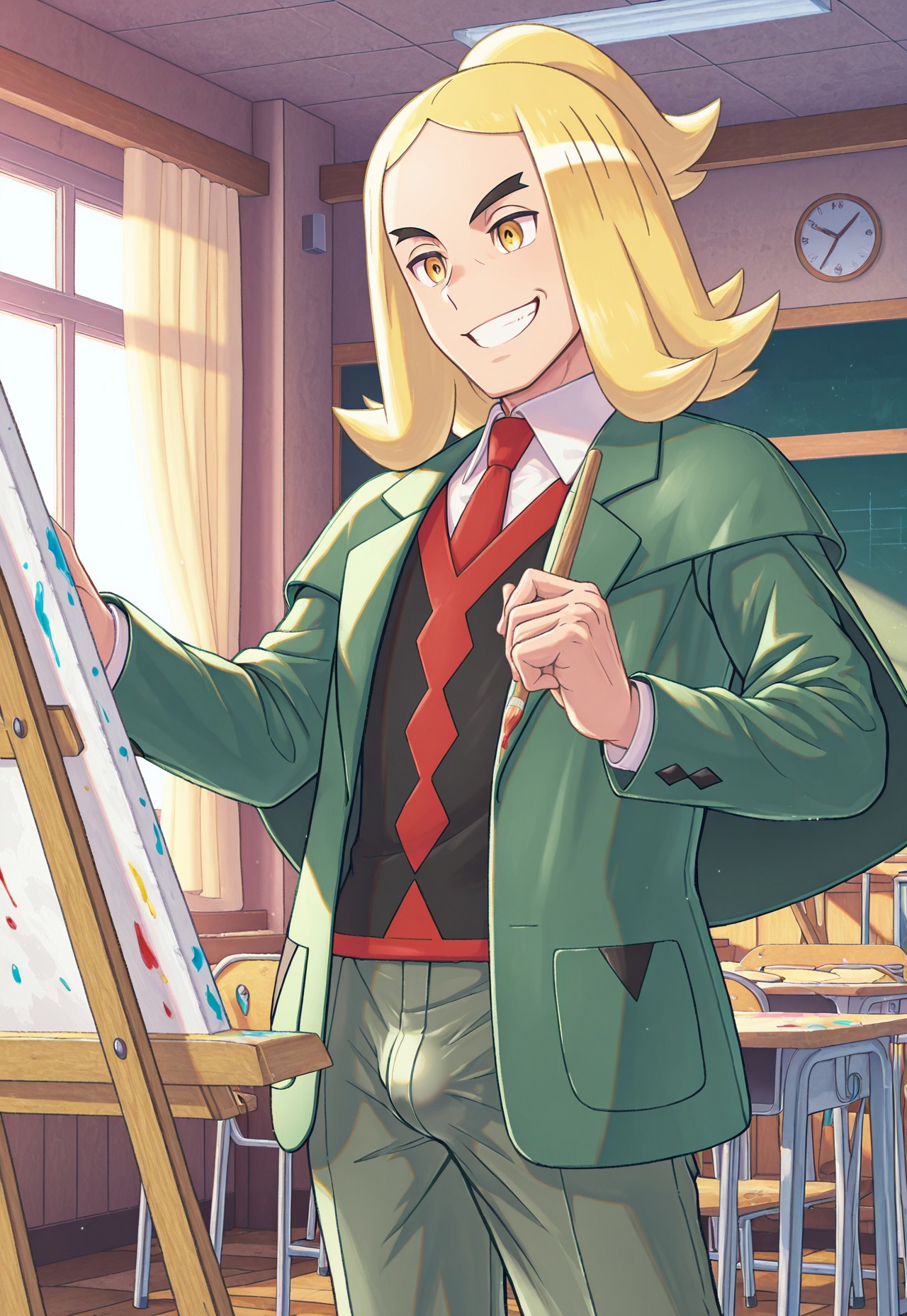 solo, masterpiece, detailed, ultra hd, best quality, 1boy, male, official art, w0lfc0nf, modern, new

PokeHassel, blonde hair, yellow eyes, red necktie, green jacket, shirt, classroom, teaching, easel, smiling, bulge, paint