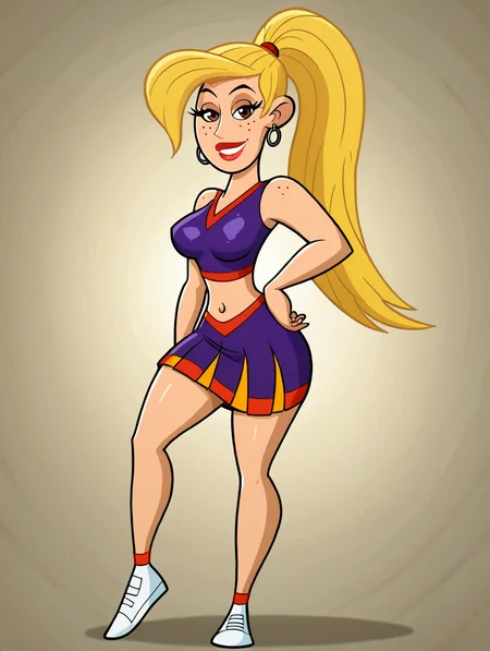 score_9, score_8_up, score_7_up, (toon \(style\):1),(flat colors:1),facing viewer,ultra high quality,ultra high resolution,ultra , seductive,(extremely detailed), detailed background,,(masterpiece, best quality, high quality, highres, ultra-detailed),full body,inside, bedroom in background, spotlight effects.,close up, cowboy shot,   dutch angle ,perfect eyes,perfect face,,narrow waist,perfect breasts,perfect eyes,perfect face,eager expression,earrings,facing viewer, 
<lora:Veronica_Stoppable:0.9> veronica stoppable, toon (style), flat color, freckles, narrow waist,  brown eyes, long hair,  long eyelashes,  long hair, brown eyes, seductive smile, long eyelashes, medium breasts, wide hips, long legs, red lips, looking at viewer,blonde hair, Cheerleader outfit, purple and orange, sleeveless crop top, matching pleated mini skirt, middleton_cheerleader_uniform, <lora:Super_highhigh_ponytail_hair_Pony:0.5> long hair, shiny hair, blonde hair, superp0nytail, straight hair, super high ponytail, swishing ponytail