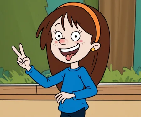 solo, 1girl, hhs1, blush, long brown hair, open smile, tongue out, blue long sleeve shirt, freckles, earring, bike shorts, hairband, v, <lora:hhs1-000009:1.2>, <lora:Sid_Chang:0.5>,