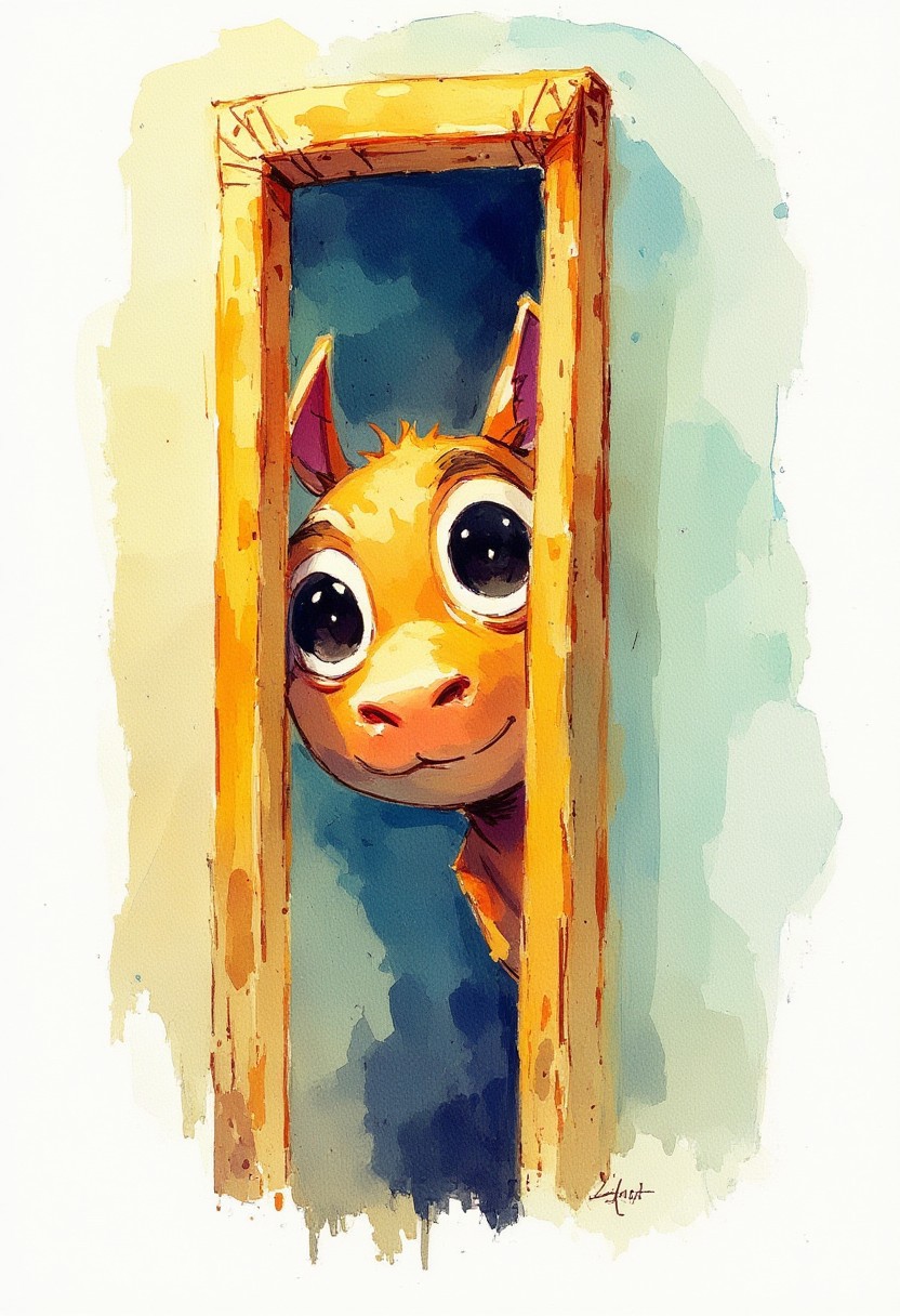 A whimsical creature peeks into the right side of a vertical canvas, its large, curious eyes staring directly into the frame as if observing the viewer. The frame itself appears to bend slightly, watercolors,reacting to the creatureas playful presence, creating the illusion that itas part of the scene, Vibrant Glow