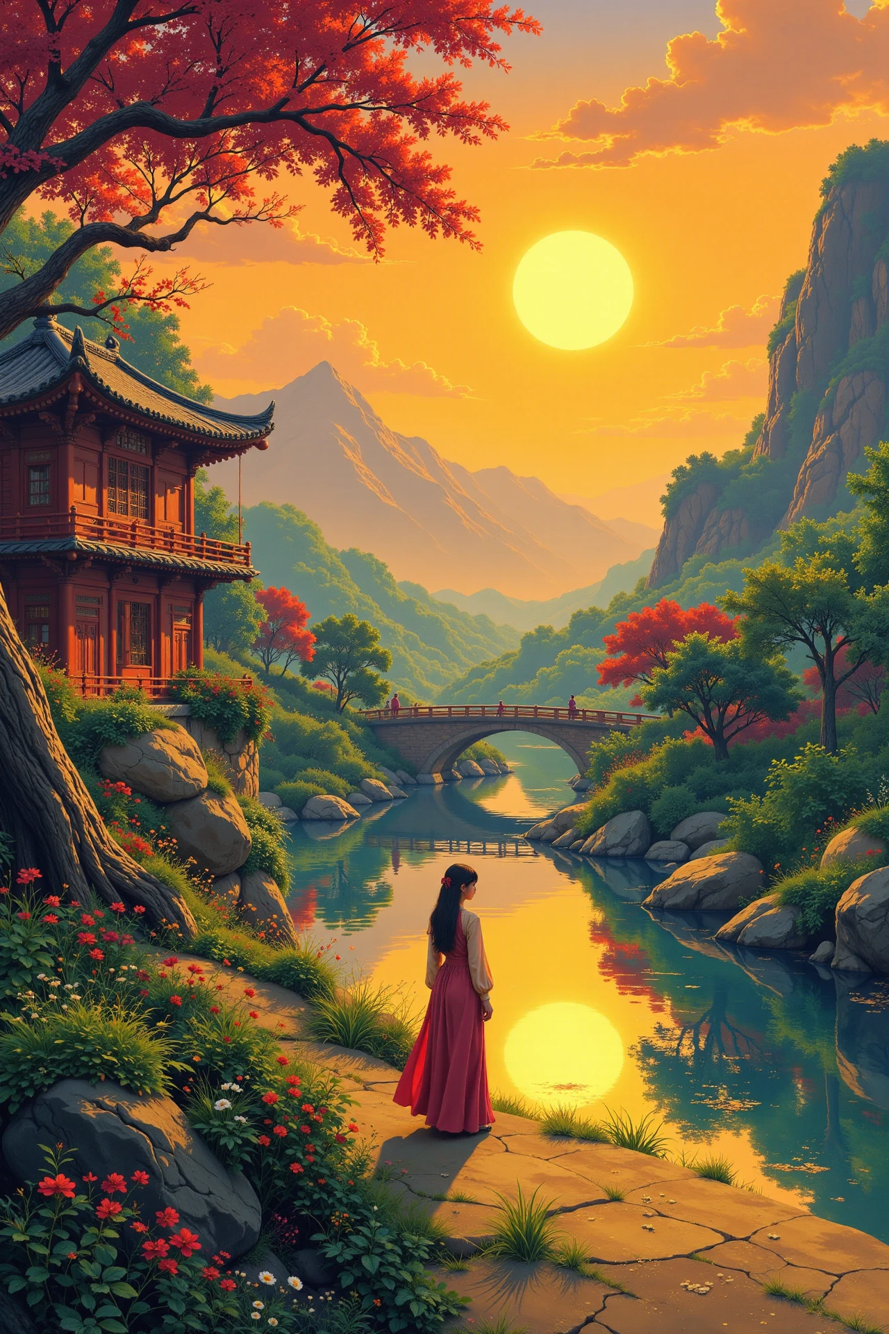 an oriental villaje beautiful  landscape, golden hour, woman, very intricate, very detailed, sharp, bright, colorful, <lora:Hand v2:0.5> <lora:Anti-Blur:1><lora:Insane Detail Slider:0.25>  <lora:flux.1_lora_flyway_Epic-detail_v2:0.3> <lora:fluxenhancer:0.25> <lora:Anime_style:0.7> anime style