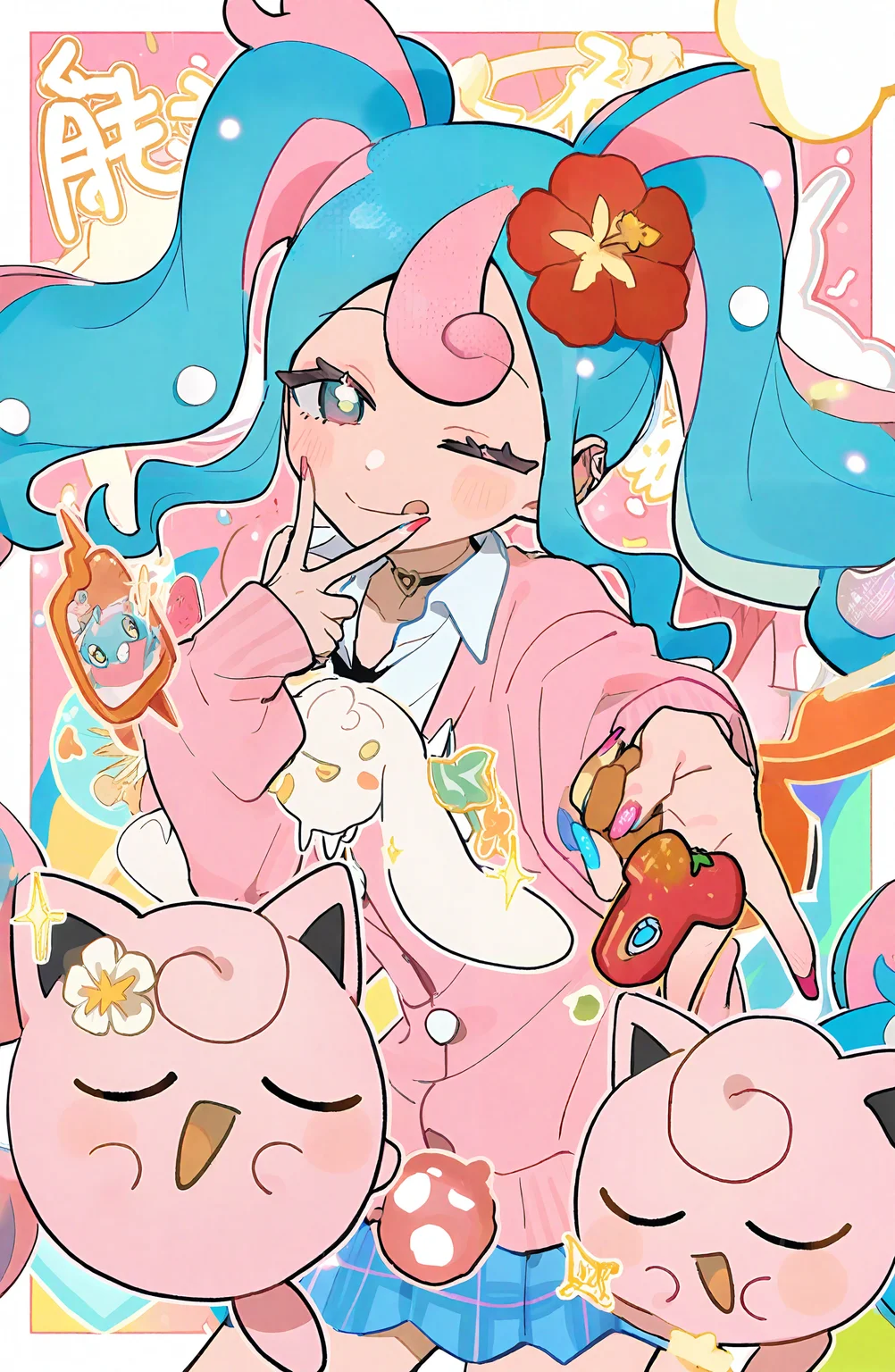 hatsune_miku, rotom, rotom_phone, jigglypuff, long_hair, smile, shirt, skirt, multiple_girls, hair_ornament, closed_mouth, twintails, blue_hair, pink_hair, flower, multicolored_hair, one_eye_closed, choker, tongue, hair_flower, tongue_out, nail_polish, two-tone_hair, blue_skirt, v, pokemon_\(creature\), phone, cardigan, cellphone, red_flower, pink_nails, selfie, pink_cardigan