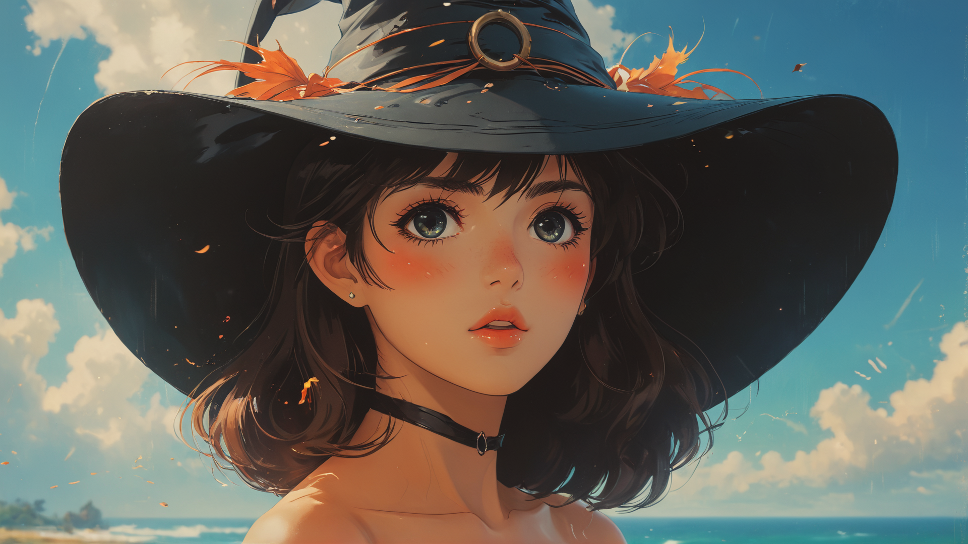 digital art, gorgeous (Girl:1.1) , dressed in Witch hat, UHD, Wide view, masterpiece, side lit, absurdres, arthouse, by greg rutkowski, loish, rhads, ferdinand knab, makoto shinkai, lois van baarle, ilya kuvshinov, rossdraws, tom bagshaw and alphonse mucha, close-up, <lora:Vintage_Anime:0.6>