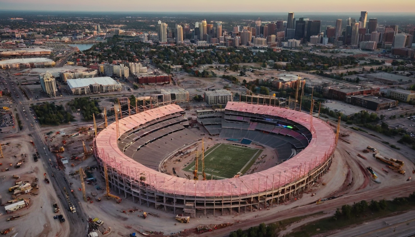 aerial view of a stadium under construction, downtown, magic hour,  <lora:badquality_v02:1> bad quality