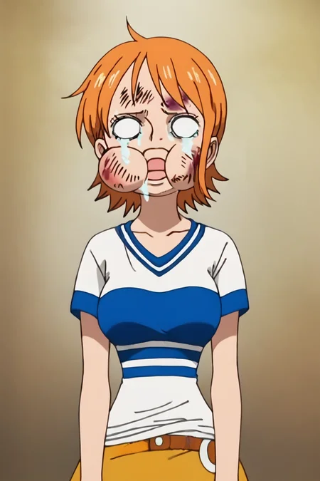 score_9, score_8_up, score_7_up, score_6_up, score_5_up, score_4_up, <lora:nami_pre_timeskip_many_outfit:0.8>, nami, orange hair, short hair, white shirt, striped shirt, yellow skirt, <lora:beat_up_face:0.8>, 1girl, solo, alone, blank eyes, circular eyes, tears, head bump, bruise, swollen cheeks, masterpiece, highres