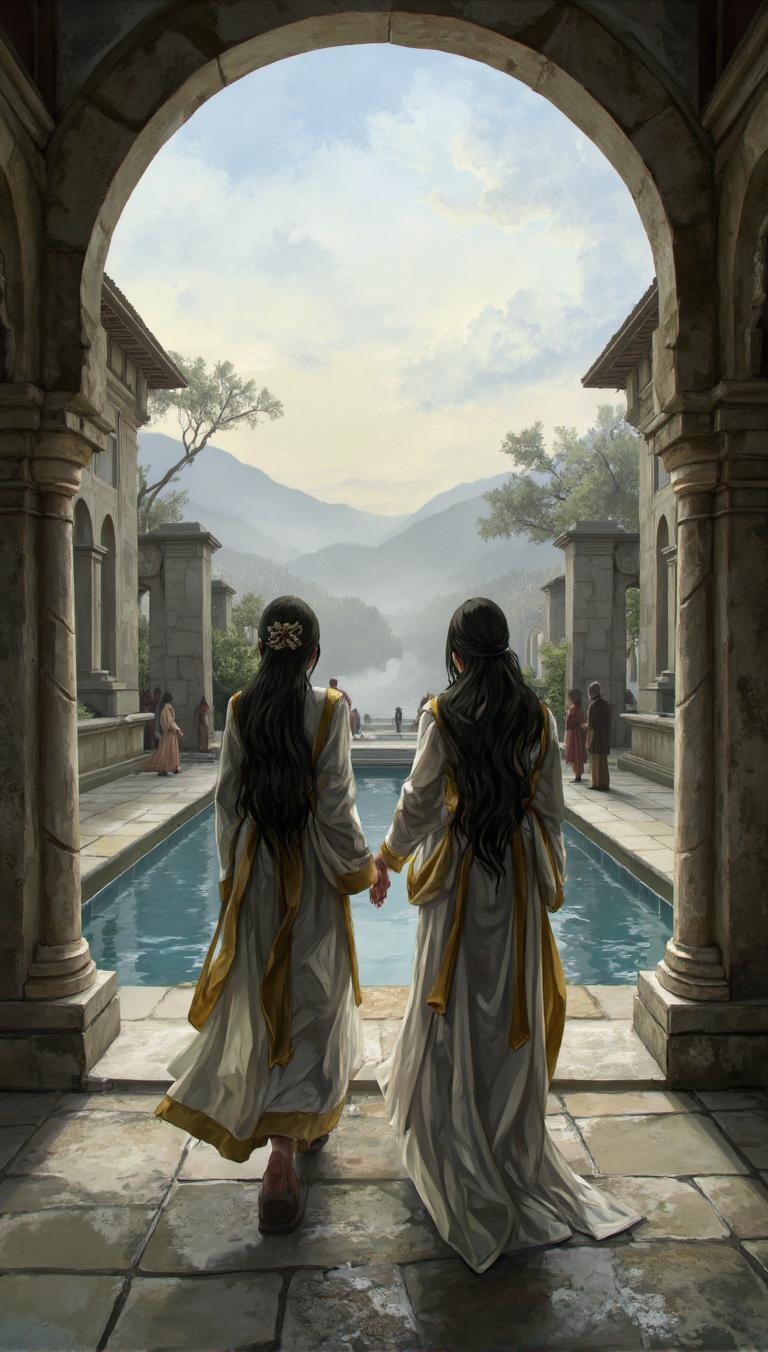<lora:ck-LttleGhost-000011.safetensors:1> in the style of ck-lttlegh0stIn a 5-meter wide courtyard, two robed figures walk hand-in-hand past aged stone archways and a 10x3 meter pool. The sky fades into distant mountains and trees in the background, shrouded in mist. Soft brushstrokes create a tranquil atmosphere as intricate robes with gold trim are worn by the man (1.8m) and woman (1.65m), their faces obscured by shadows.