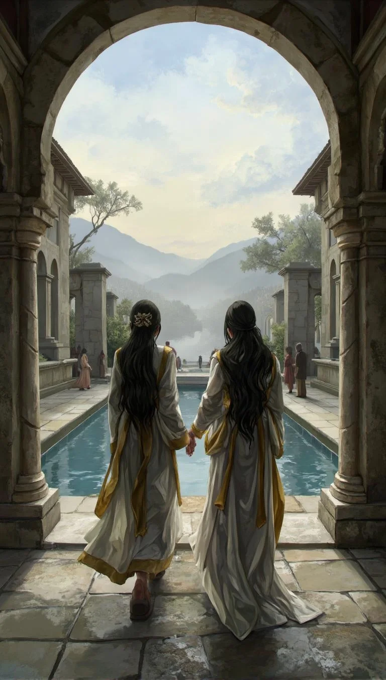 <lora:ck-LttleGhost-000011.safetensors:1> in the style of ck-lttlegh0stIn a 5-meter wide courtyard, two robed figures walk hand-in-hand past aged stone archways and a 10x3 meter pool. The sky fades into distant mountains and trees in the background, shrouded in mist. Soft brushstrokes create a tranquil atmosphere as intricate robes with gold trim are worn by the man (1.8m) and woman (1.65m), their faces obscured by shadows.