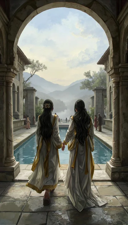 <lora:ck-LttleGhost-000011.safetensors:1> in the style of ck-lttlegh0stIn a 5-meter wide courtyard, two robed figures walk hand-in-hand past aged stone archways and a 10x3 meter pool. The sky fades into distant mountains and trees in the background, shrouded in mist. Soft brushstrokes create a tranquil atmosphere as intricate robes with gold trim are worn by the man (1.8m) and woman (1.65m), their faces obscured by shadows.