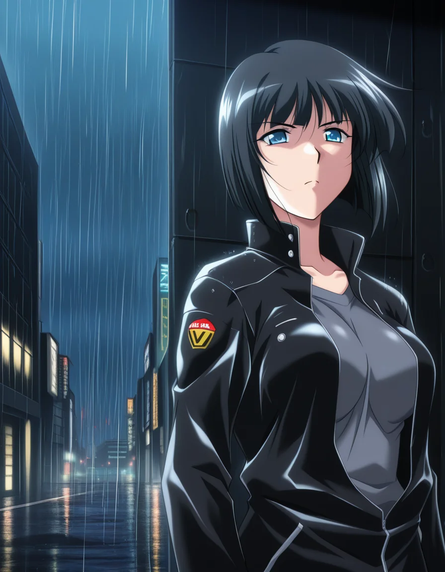(yamane masahiro), 1girl, black jacket, serious, black hair, bobcut, blue eyes, sci-fi city, night, rain, (masterpiece, best quality, amazing quality), <lora:1_illu_yamane_masahiro_5e:1>